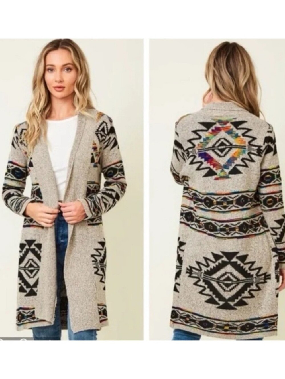 Open-Front Aztec Print Cardigan - Neutral & Black western boho cowgirl